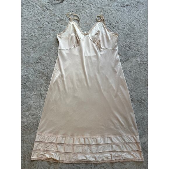 Vintage Satin Slip Dress Beige Lace Trim Adjustable Straps Size M - Picture 3 of 8